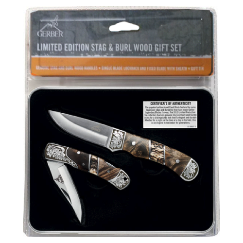 Gerber 31000440 Limited Edition Stag / BurlWood 2 Knife Set In Gift Tin